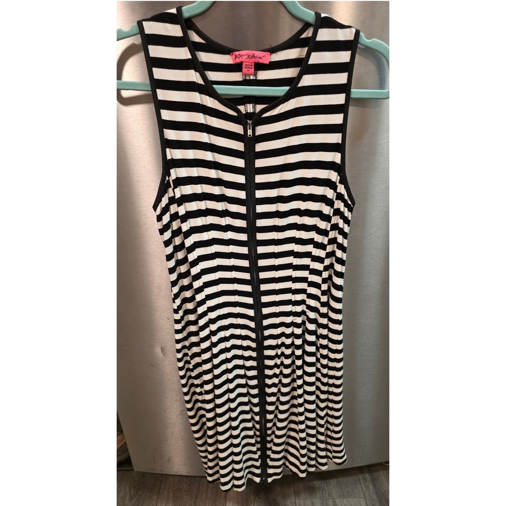 Betsey Johnson Women 12 Dress Black White Striped Full Zip Sleeveless Fit Flare